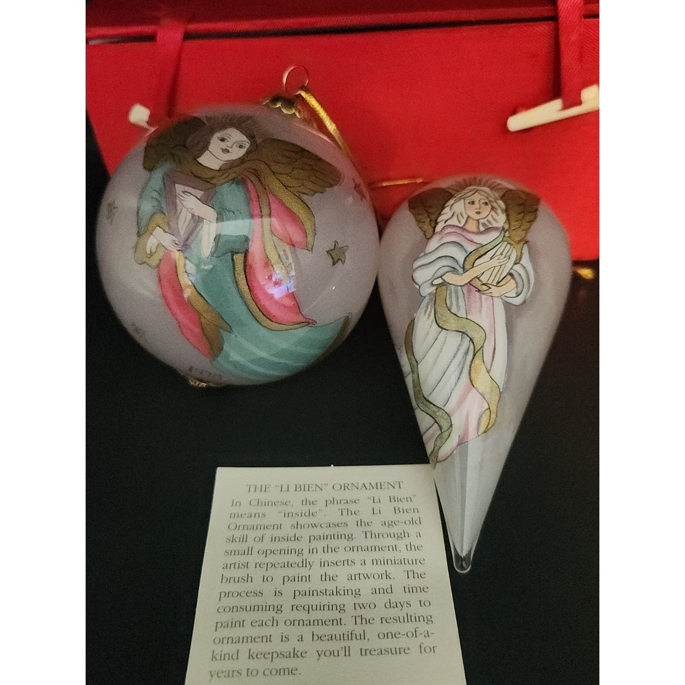 2 Vtg 1998 Pier 1 Li Bien Mouth Blown Glass Christmas Angel Ornaments W/Box